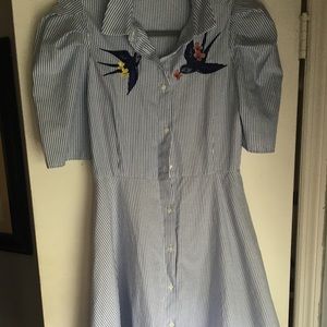 Pinstripe dress with pockets and embroidery detail